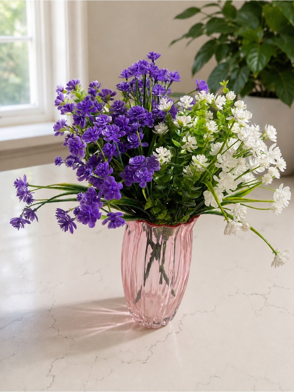 Purple & White Artificial Flower Arrangement in Pink Glass Vase - Home Accents